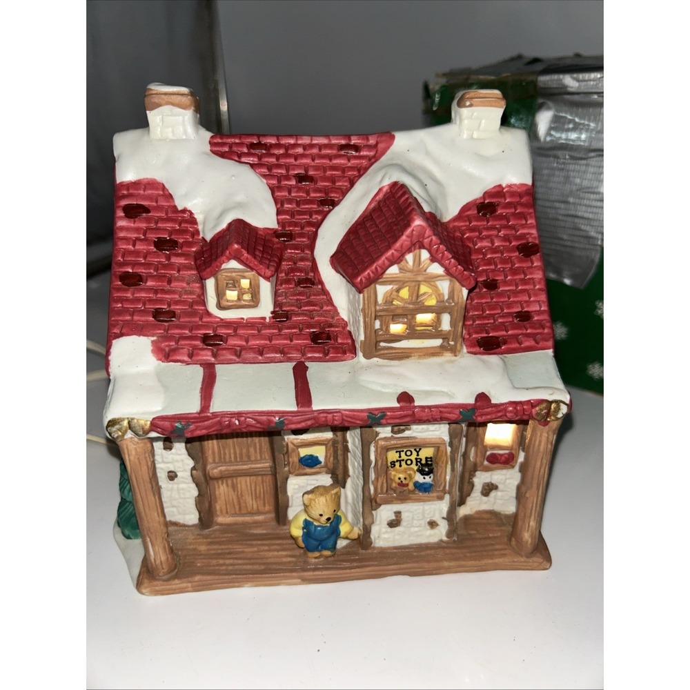 North Pole Express Porcelain Teddy Bear Lighted Toy Store 1996 01827 Christmas